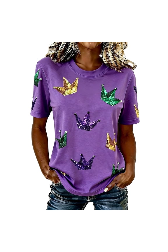 Women's Casual Carnival Printed Short Sleeve Top Round Neck Funny Graphic Tee Tunic Blouse for Festival and Daily Wear