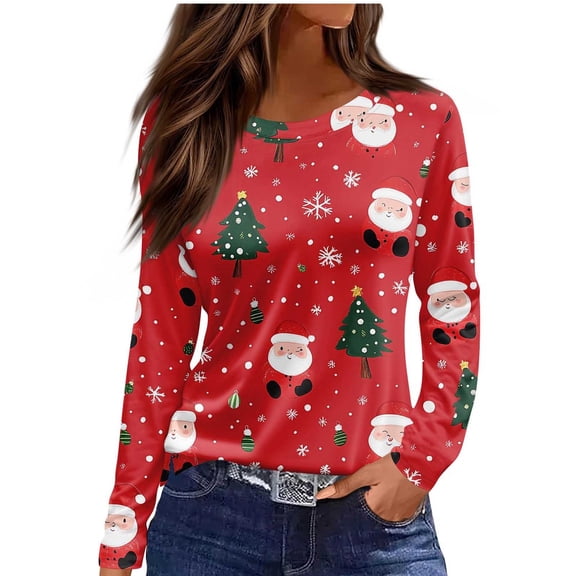Ruimatai Women's Casual Christmas Print Long Sleeve T-Shirt, Loose Fit Soft Polyester Round Neck Blouse Top for Daily Wear
