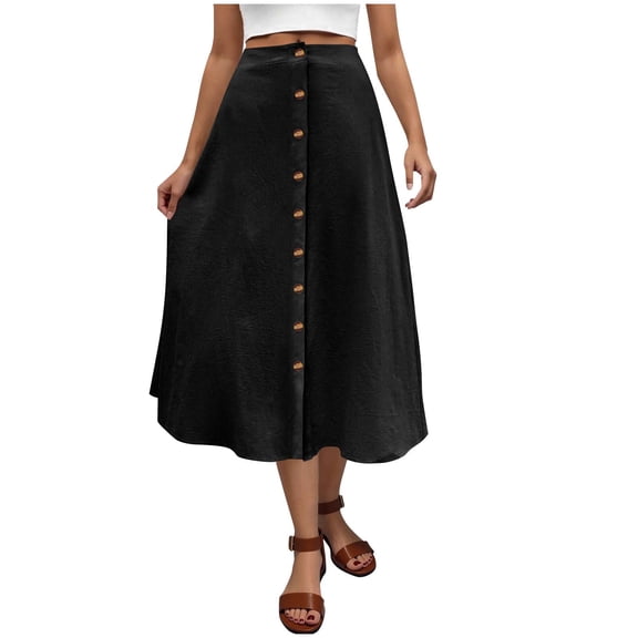 Ruimatai Women's Casual Elastic Waist Skirt Solid Color A-Line Midi Ankle Length Summer Spring Lightweight Comfortable Stretchy Polyester