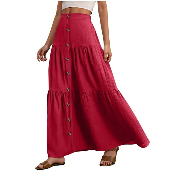 Ruimatai Women's Casual Elastic Waist Solid Color Ankle Skirt with Pockets, Stylish Flowy Flared Midi Skirt for Daily Wear Party Dating Work Spring Summer