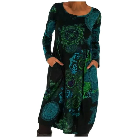 Ruimatai Women's Casual Floral Print Long Sleeve Boho Dress Loose Fit Ethnic Maxi Dress for Party Daily Comfortable Polyester