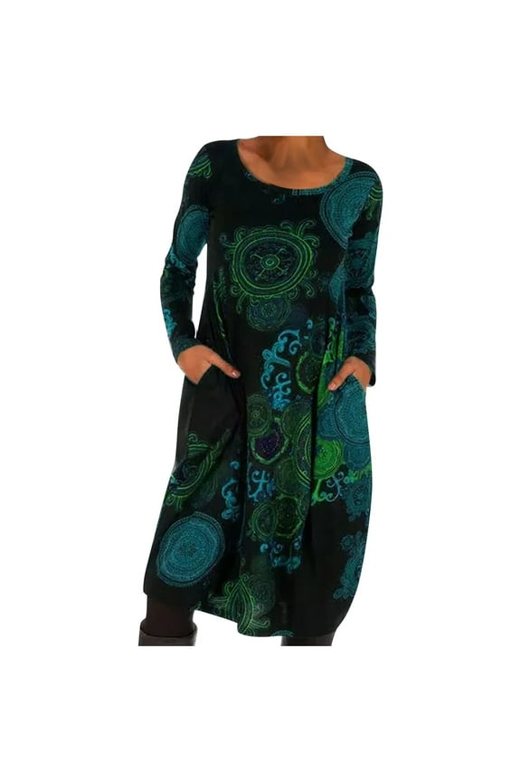 Women's Casual Floral Print Long Sleeve Boho Dress Loose Fit Ethnic Maxi Dress for Party Daily Comfortable Polyester