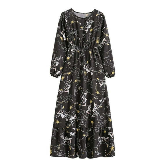 Ruimatai Women's Casual Floral Print V-Neck Long Sleeve Dress Comfortable Spring Summer Daily Wear Polyester Dress