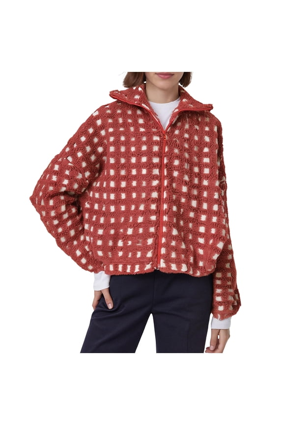 Women's Casual Fluffy Plaid Jacket Long Sleeve Round Neck Soft Stretch Polyester Spandex Comfortable Red Checkered Outerwear