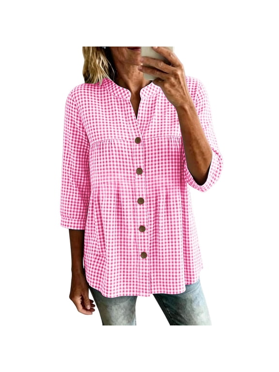 Women's Casual Gingham Button Down Blouses Stand Collar 3/4 Sleeve Loose Fit Empire Waist Tops for Women