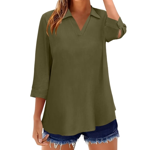 Ruimatai Women's Casual Linen Blouses 3/4 Sleeve V Neck Turn Down Collar Tunic Tops for Summer Daily Wear