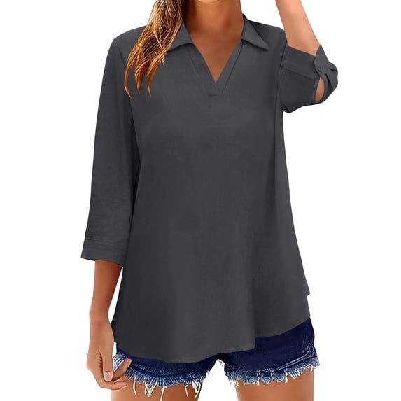 Ruimatai Women's Casual Linen Blouses 3/4 Sleeve V Neck Turn Down Collar Tunic Tops for Summer Daily Wear