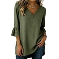 thumbnail image 1 of Ruimatai Women's Casual Linen Blouses V Neck Ruffle 3/4 Sleeve High Low Tunic Tops for Summer Daily Wear, 1 of 6