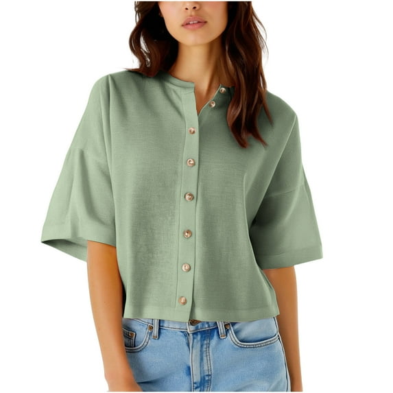 Ruimatai Women's Casual Linen Button Down Shirt Soft Breathable Loose Fit Blouse Round Neck Long Sleeve Solid Color Top