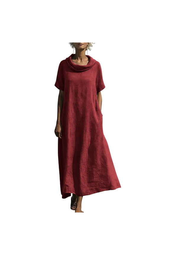 Women's Casual Linen Maxi Dress Short Sleeve Cowl Neck Pocket Loose Fit Long Dresses for Summer Daily Wear