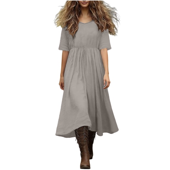 Ruimatai Women's Casual Linen Midi Dress V Neck Short Sleeve Elastic Waist Flowy Long Dresses for Summer Daily Wear