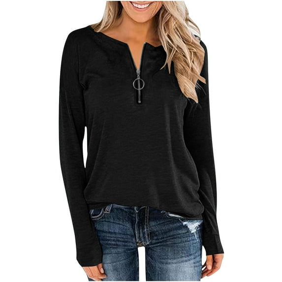 Ruimatai Women's Casual Long Sleeve Round Neck Zipper Top Shirt Soft Comfortable Polyester Solid Color Blouse for Daily Work Party