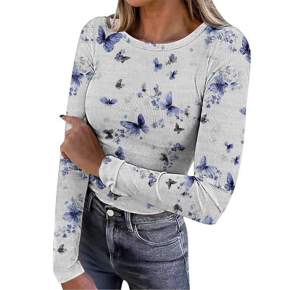 Ruimatai Women's Casual Long Sleeve T-Shirt Blouse Soft Comfortable Stretch Knit Round Neck Printed Tops