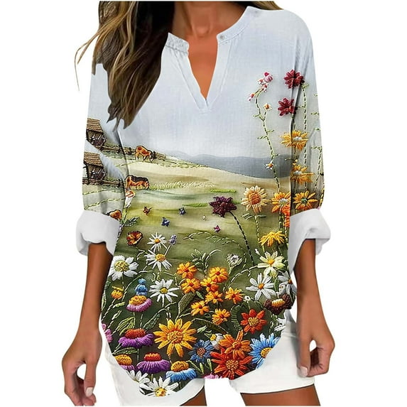 Ruimatai Women's Casual Long Sleeve V-Neck Printed Blouse Top Loose Fit Comfortable Polyester Spandex Shirt