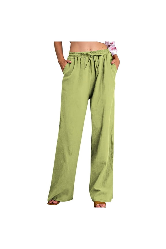Women's Casual Loose Fit Linen Pants with Pockets Comfortable Drawstring Waist Wide Leg Trousers for Everyday Wear