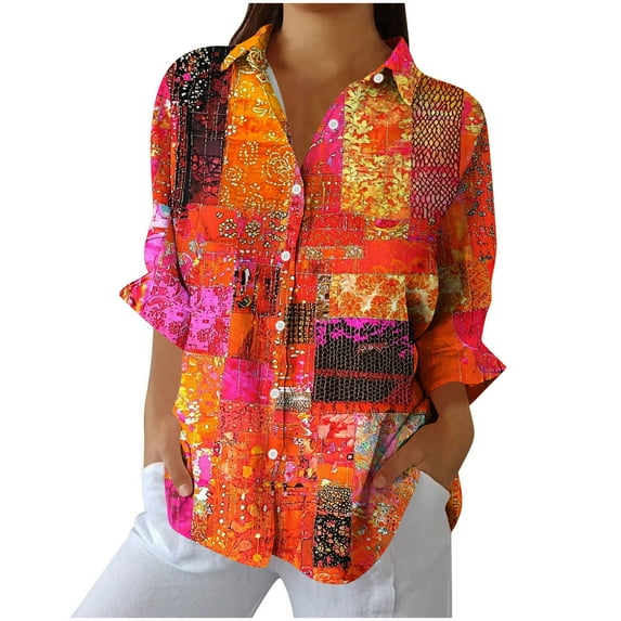 Ruimatai Women's Casual Loose Fit Long Sleeve Shirt Lapel Button Down Printed Blouse Comfortable Fashion Top for Home Daily Wear