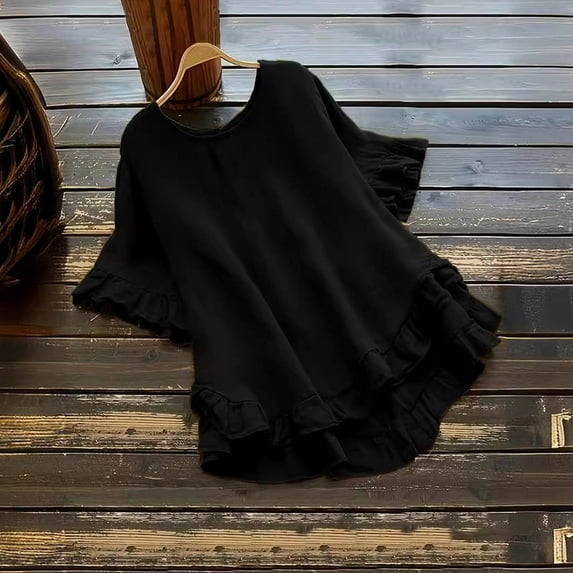 Ruimatai Women's Casual Loose Fit Short Sleeve T-Shirt Blouse Round Neck Button Down Ramie Top Spring Summer Solid Color Fashion Tee