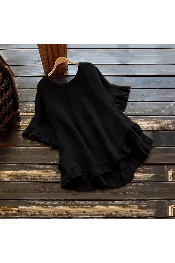 Women's Casual Loose Fit Short Sleeve T-Shirt Blouse Round Neck Button Down Ramie Top Spring Summer Solid Color Fashion Tee