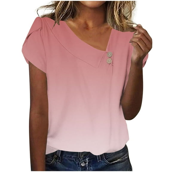 Ruimatai Women's Casual Loose Ombre Short Sleeve Cross Sleeve Asymmetric Neck Button T-Shirt Top