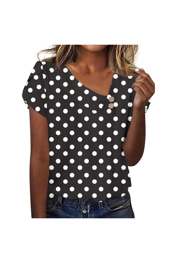 Women's Casual Loose T-Shirt Cross Sleeve Slant Neck Button Top Stylish Printed Blouse