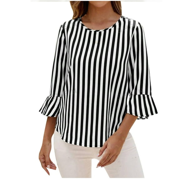 Ruimatai Women's Casual Oversized Hooded Striped Knit T-Shirt 3/4 Sleeve Comfortable Soft Stretch Round Neck Loose Fit Tops