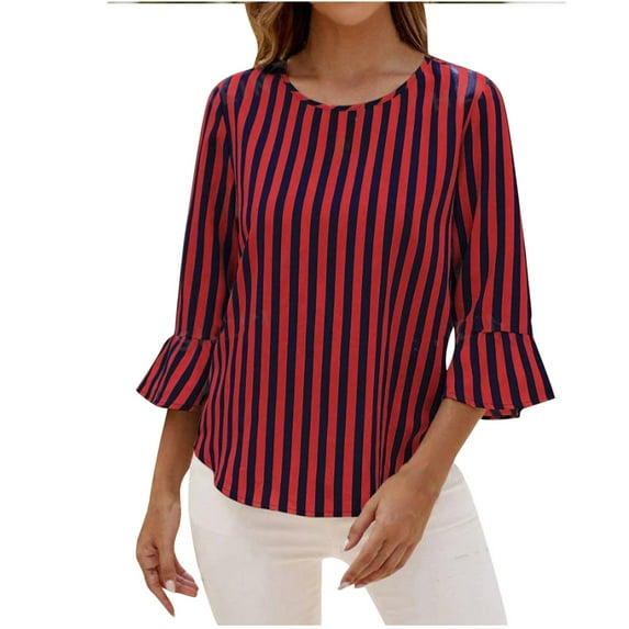 Ruimatai Women's Casual Oversized Hooded Striped Knit T-Shirt 3/4 Sleeve Comfortable Soft Stretch Round Neck Loose Fit Tops