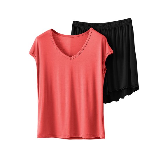 Ruimatai Women's Casual Pajama Set Soft Modal Loungewear Solid Color Short Sleeve Top and Shorts Homewear Sleepwear Outfit