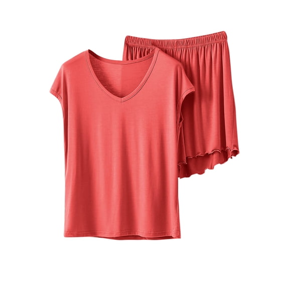 Ruimatai Women's Casual Pajama Set Soft Modal Loungewear Solid Color Short Sleeve Top and Shorts Homewear Sleepwear Outfit