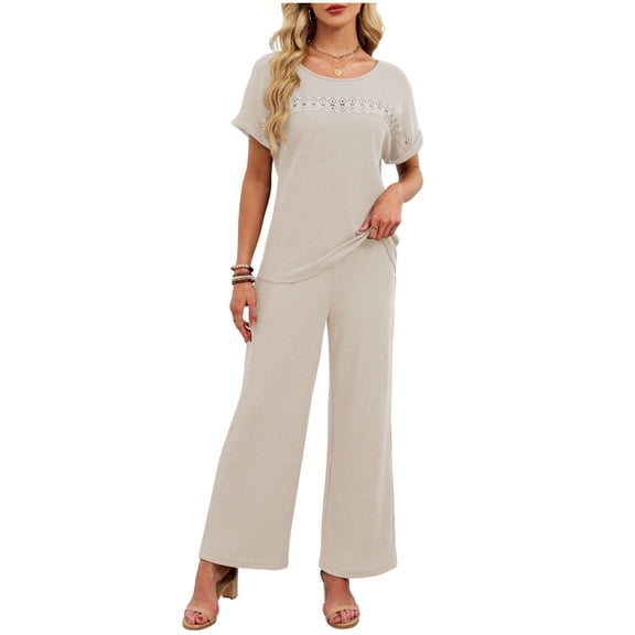 Ruimatai Women's Casual Pajama Set Solid Color Round Neck Long Pants Loungewear Two-Piece Outfit Soft Comfortable Home Wear