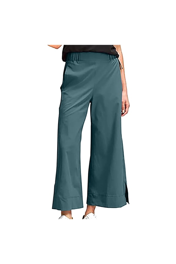 Women's Casual Pants with Pockets Loose Fit Wide Leg Trousers Comfortable Polyester Lounge Wear for Daily and Work
