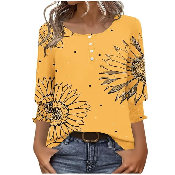 Ruimatai Women's Casual Polka Dot Print Button Up Tops 3/4 Sleeve Round Neck Blouse Soft Breathable Polyester Top