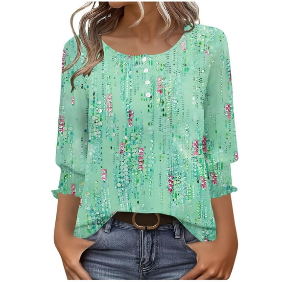 Ruimatai Women's Casual Polka Dot Print Button Up Tops 3/4 Sleeve Round Neck Blouse Soft Breathable Polyester Top