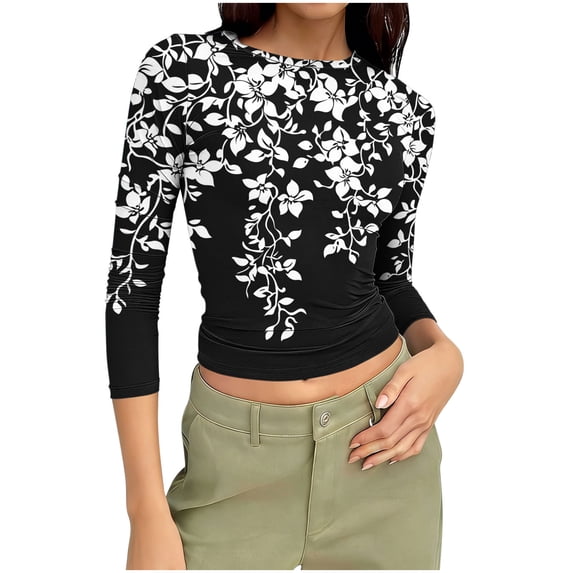 Ruimatai Women's Casual Printed 3/4 Sleeve Blouse Round Neck Loose Fit Tops Soft Stretchy Comfortable Everyday Wear