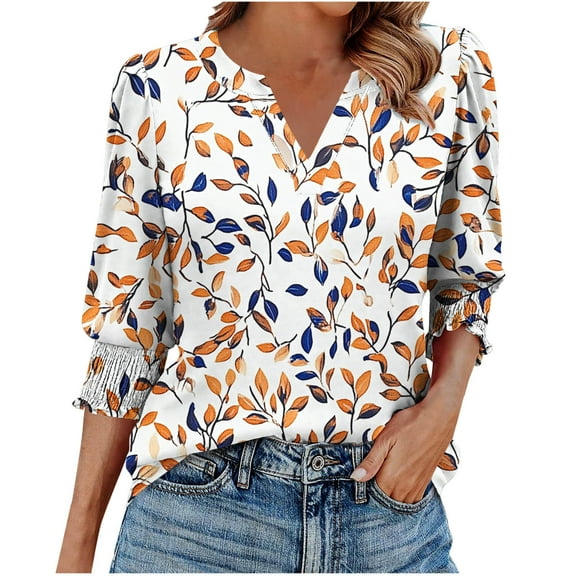 Ruimatai Women's Casual Printed 3/4 Sleeve Blouse Smocked Cuff Boho Tunic Top Lightweight Comfortable Stylish Loose Fit