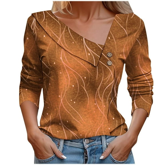 Ruimatai Women's Casual Printed Button-Up Blouse T-Shirt Long Sleeve Comfortable Stretchy Breathable Crewneck Tunic Top for Work Daily Wear
