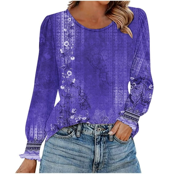 Ruimatai Women's Casual Round Neck Printed T-Shirt Long Sleeve Blouse Top Soft Breathable Polyester Daily Wear