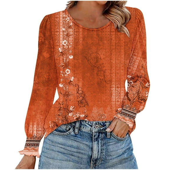 Ruimatai Women's Casual Round Neck Printed T-Shirt Long Sleeve Blouse Top Soft Breathable Polyester Daily Wear