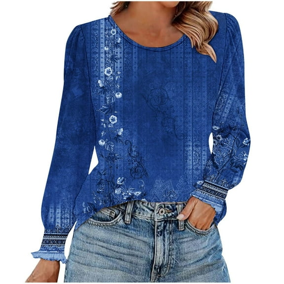 Ruimatai Women's Casual Round Neck Printed T-Shirt Long Sleeve Blouse Top Soft Breathable Polyester Daily Wear