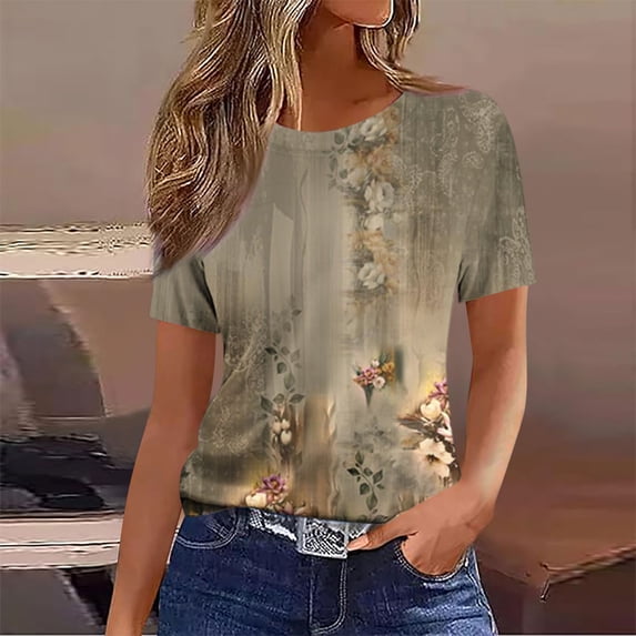Ruimatai Women's Casual Printed T-Shirt Round Neck Short Sleeve Fashion Top Comfortable Soft Breathable Stylish Tee