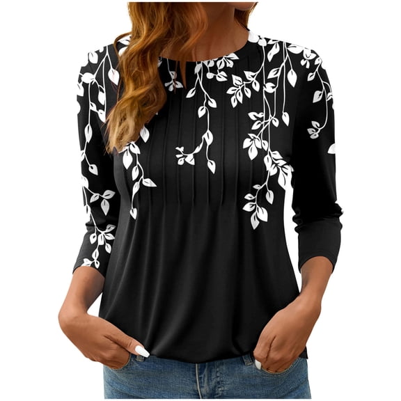 Ruimatai Women's Casual Printed Tops Round Neck 3/4 Sleeve Comfortable Loose Fit Fashion Top Polyester Blend Soft Stretchy Tee