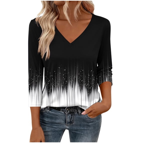 Ruimatai Women's Casual Printed V-Neck 3/4 Sleeve Blouse Loose Comfortable Tops for Daily Wear
