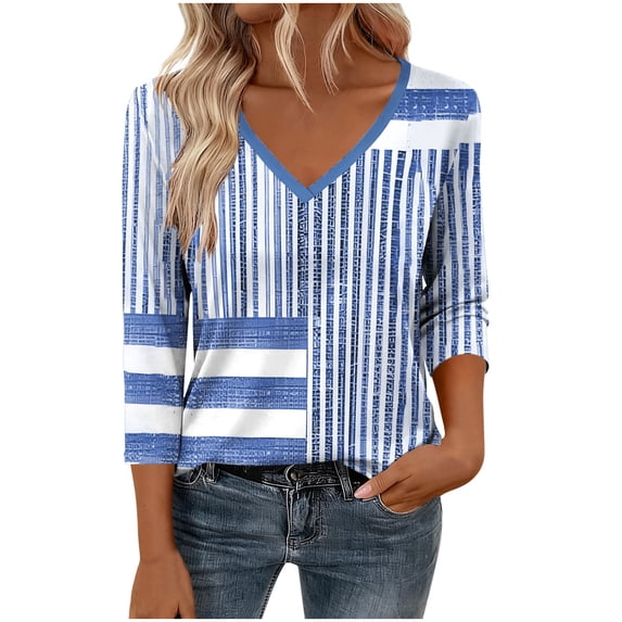 Ruimatai Women's Casual Printed V-Neck 3/4 Sleeve Blouse Loose Comfortable Tops for Daily Wear