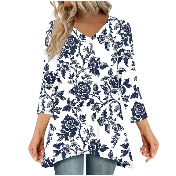 Ruimatai Women's Casual Printed V-Neck 3/4 Sleeve Blouse Loose Fit Comfortable Soft Top