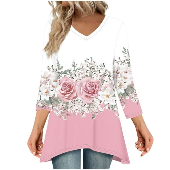 Ruimatai Women's Casual Printed V-Neck 3/4 Sleeve Blouse Loose Fit Comfortable Soft Top