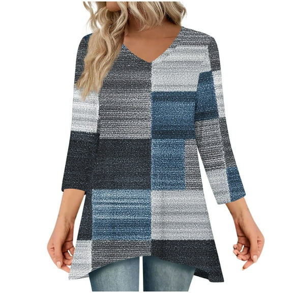 Ruimatai Women's Casual Printed V-Neck 3/4 Sleeve Blouse Loose Fit Comfortable Soft Top