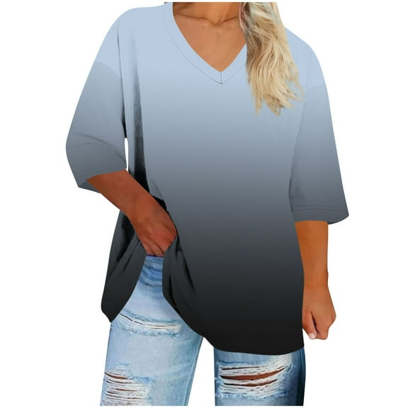 Ruimatai Women's Casual Printed V-Neck 3/4 Sleeve T-Shirt Loose Fit Comfortable Soft Blouse Tops for Daily Wear