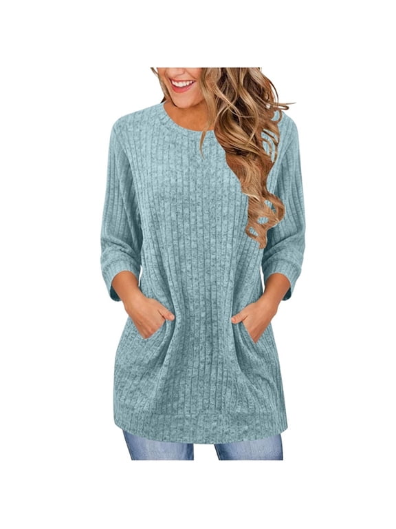 Women's Casual Ribbed Round Neck 3/4 Sleeve Pocket Loose Fit Tunic Tops for Women