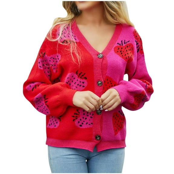 Ruimatai Women's Casual Round Neck Strawberry Print Long Sleeve Pullover Sweater Top Soft Comfortable Knitwear