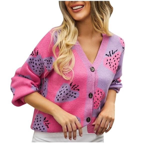 Ruimatai Women's Casual Round Neck Strawberry Print Long Sleeve Pullover Sweater Top Soft Comfortable Knitwear