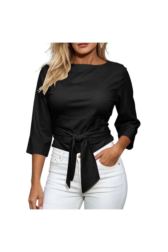 Women's Casual Round Neck Tie Waist 3/4 Sleeve Slim Fit Cropped Stylish Everyday Blouses for Women